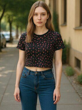 PRIMARK Black Floral Print Short Sleeved Crop Top Juniors MEDIUM